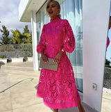 Elegant long-sleeved lace midi dress for women