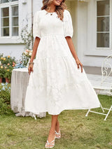 Textured women's midi dress with short sleeves and ruffles