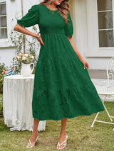 Textured women's midi dress with short sleeves and ruffles