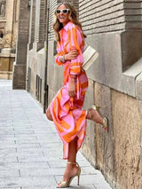 Women's long-sleeved wrap midi dress with geometric print