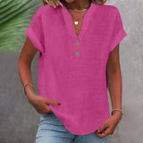 Loose Summer Blouse with V-Neck and Buttons – Short-Sleeved and Timeless