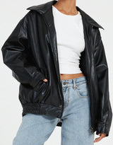 Women's Oversized PU Bomber Jacket - Dark Brown Streetstyle