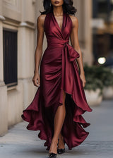 Women’s Satin Halter Neck Gown with Asymmetric Ruffles