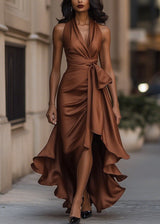 Women’s Satin Halter Neck Gown with Asymmetric Ruffles