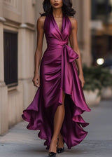Women’s Satin Halter Neck Gown with Asymmetric Ruffles