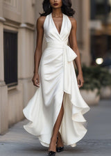 Women’s Satin Halter Neck Gown with Asymmetric Ruffles