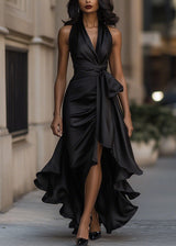Women’s Satin Halter Neck Gown with Asymmetric Ruffles