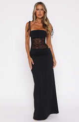 Long Form-Fitting Lace Dress with Lace-Up Straps