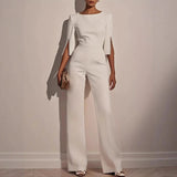 Women’s Tailored Wide Leg Jumpsuit with Pearl Embellished Split Sleeves