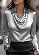 Women’s Satin Blouse with Draped Cowl Neckline and Collar