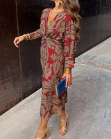 Midi Wrap Dress with Leaf Print