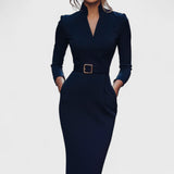 Elegant Women's Dress with Belt and Mao Collar