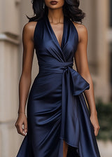 Women’s Satin Halter Neck Gown with Asymmetric Ruffles