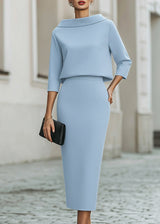 Women’s Boat Neck Midi Skirt Set with Elegant 3/4 Sleeves