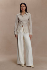 Women's Beige Button-Down Shirt with Thin Stripes, Back Tie and Gathered Waist