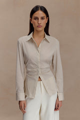 Women's Beige Button-Down Shirt with Thin Stripes, Back Tie and Gathered Waist
