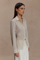 Women's Beige Button-Down Shirt with Thin Stripes, Back Tie and Gathered Waist