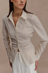 Women's Beige Button-Down Shirt with Thin Stripes, Back Tie and Gathered Waist