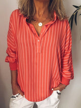 Long-Sleeved Striped Shirt Blouse with Half-Button Closure
