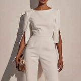 Women’s Tailored Wide Leg Jumpsuit with Pearl Embellished Split Sleeves