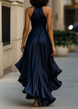 Women’s Satin Halter Neck Gown with Asymmetric Ruffles
