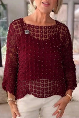 Women's Chiffon Blouse with Faux Pearl Beaded Detail
