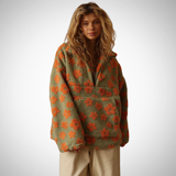 Women's Floral Print Teddy Pullover - Soft Spring Sweater with Zip Collar and Pockets