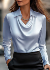 Women’s Satin Blouse with Draped Cowl Neckline and Collar