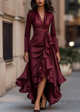 Women's Satin Wrap Dress High Low Ruffle Detail
