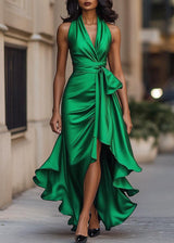 Women’s Satin Halter Neck Gown with Asymmetric Ruffles