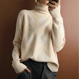 Women's Cashmere Turtleneck Sweater | Checkered Pattern