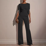 Women’s Tailored Wide Leg Jumpsuit with Pearl Embellished Split Sleeves