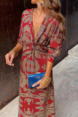 Midi Wrap Dress with Leaf Print