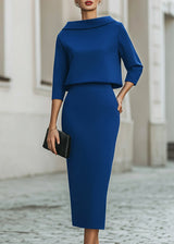 Women’s Boat Neck Midi Skirt Set with Elegant 3/4 Sleeves