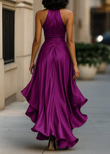 Women’s Satin Halter Neck Gown with Asymmetric Ruffles