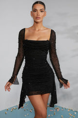 Long-sleeved mini-dress with decorated collar