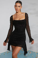 Long-sleeved mini-dress with decorated collar