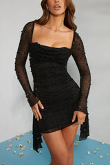 Long-sleeved mini-dress with decorated collar