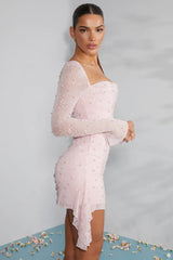 Long-sleeved mini-dress with decorated collar