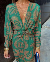 Midi Wrap Dress with Leaf Print
