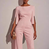 Women’s Tailored Wide Leg Jumpsuit with Pearl Embellished Split Sleeves