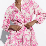 Short Floral Dress with Adjustable Waist and Wide Sleeves
