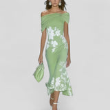 Elegant floral midi dress for women with off-the-shoulder neckline, fitted silhouette and flared skirt for party or event