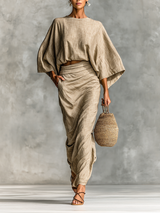 Women's Linen Cotton Batwing Top & Long Skirt Set