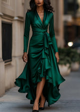 Women's Satin Wrap Dress High Low Ruffle Detail