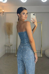 Strapless Festive Pant Set with Shimmering Details