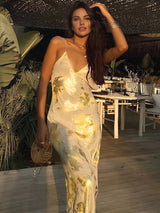 Women's Metallic print V-neck Halter Maxi Dress