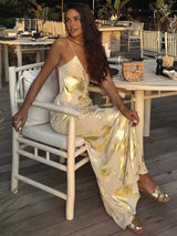Women's Metallic print V-neck Halter Maxi Dress