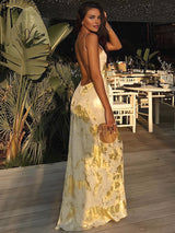 Women's Metallic print V-neck Halter Maxi Dress