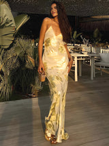 Women's Metallic print V-neck Halter Maxi Dress